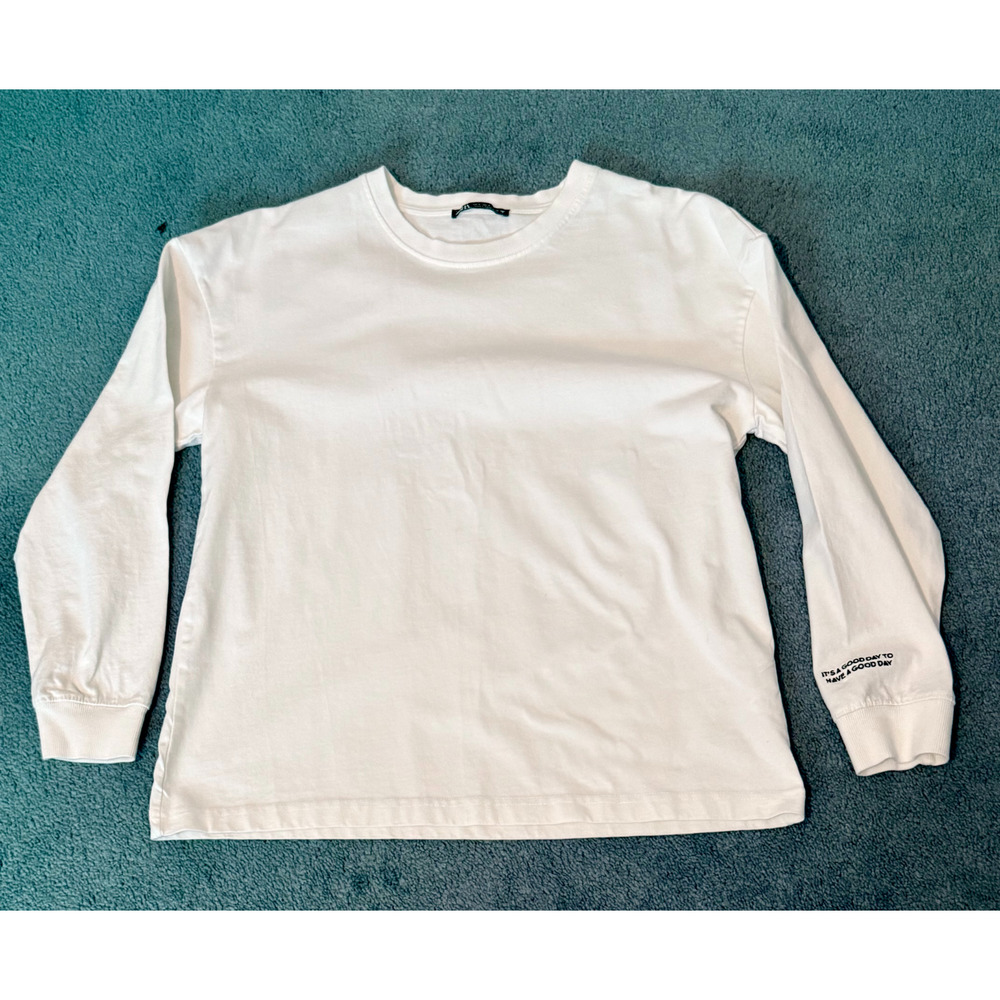 Zara Top Womens Size Small White Long Sleeve Pullover Crew Neck Cotton Casual